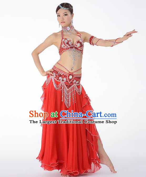 Traditional Indian Belly Dance Performance Red Bra and Skirt Uniforms Asian Oriental Dance Dress Costume