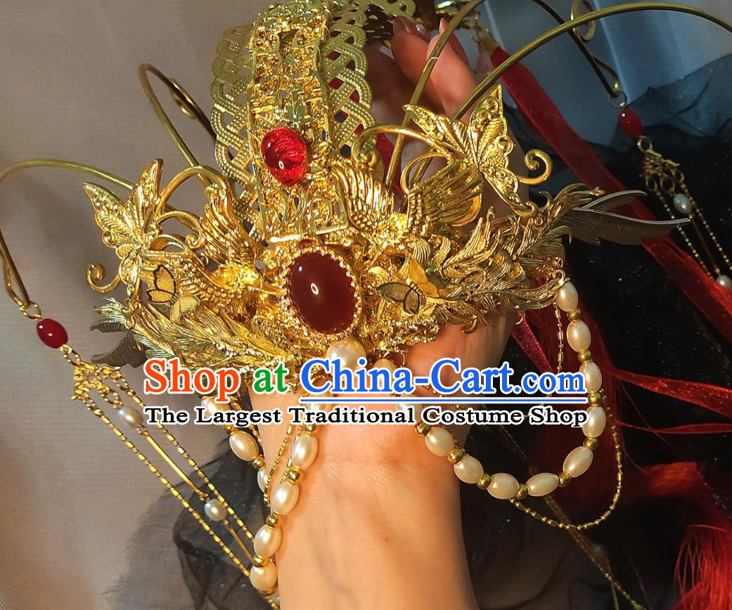 Chinese Ancient Swordswoman Wedding Hair Accessories Traditional Jin Dynasty Princess Golden Phoenix Coronet Headdress