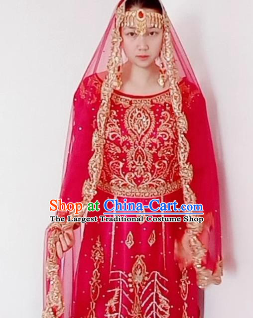 Asian India Bride Red Sari Dress Garment Indian Traditional Wedding Saree Clothing