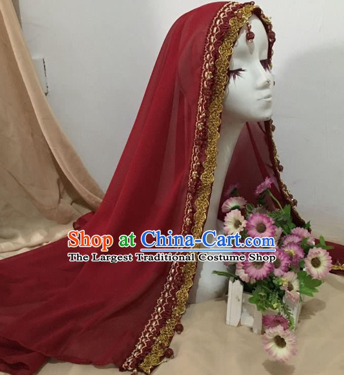 Chinese Ethnic Bride Wine Red Veil Traditional Hui Nationality Wedding Headdress