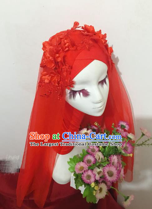 Chinese Traditional Hui Nationality Wedding Headdress Ethnic Bride Red Veil Headwear