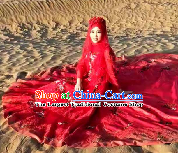Chinese Traditional Wedding Garment Costumes Hui Ethnic Bride Clothing Classical Embroidered Red Trailing Dress and Headdress