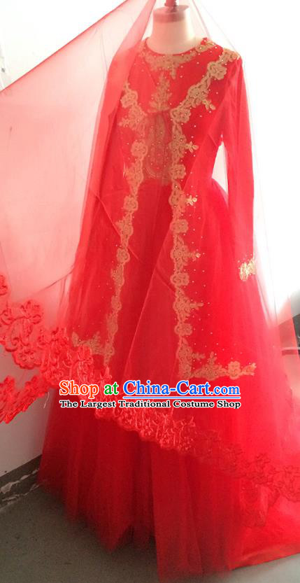 Chinese Classical Embroidered Red Full Dress Traditional Ethnic Wedding Garment Costumes Hui Nationality Bride Clothing