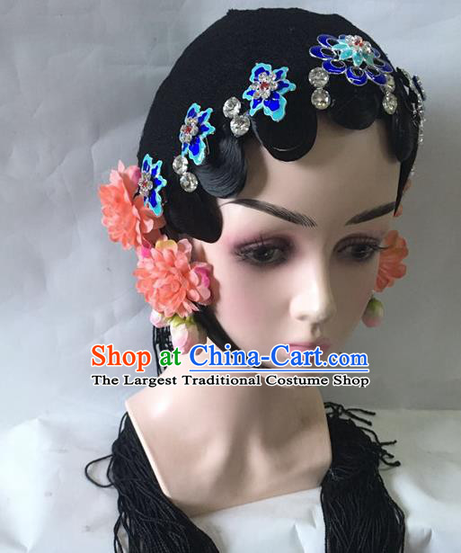 Chinese Traditional Stage Performance Wigs and Blueing Hairpins Beijing Opera Diva Headdress Classical Dance Hair Accessories