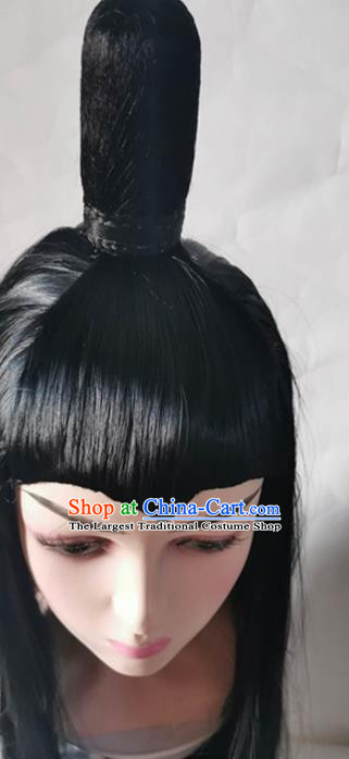 China Cosplay Swordsman Wigs Traditional Tang Dynasty Childe Black Long Wig Sheath Headwear