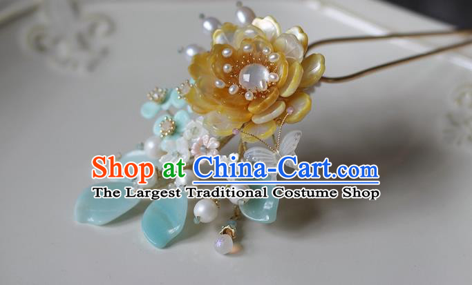 China Song Dynasty Young Beauty Shell Peony Hair Stick Traditional Hanfu Hair Accessories Ancient Princess Hairpin