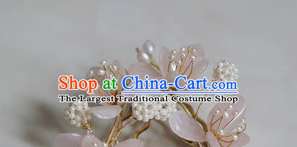 China Ming Dynasty Rose Quartz Mangnolia Hair Claws Traditional Hanfu Hair Accessories Ancient Princess Pearls Hairpin