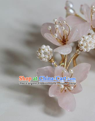 China Ming Dynasty Rose Quartz Mangnolia Hair Claws Traditional Hanfu Hair Accessories Ancient Princess Pearls Hairpin