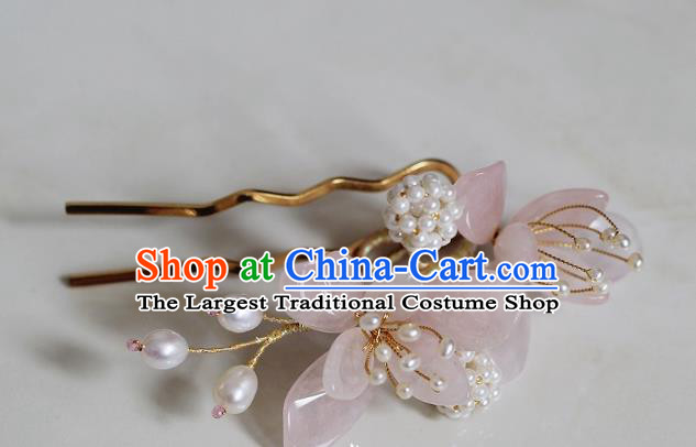 China Ming Dynasty Rose Quartz Mangnolia Hair Claws Traditional Hanfu Hair Accessories Ancient Princess Pearls Hairpin