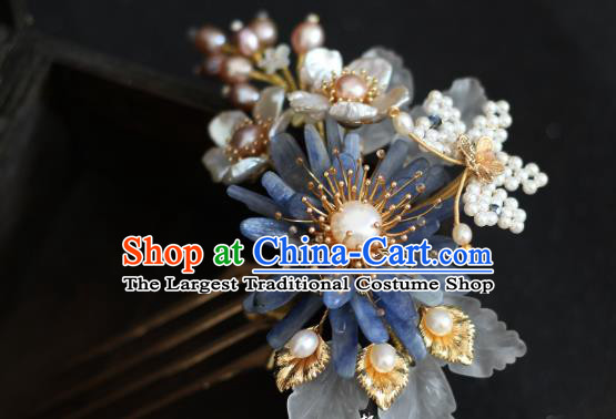 China Traditional Hanfu Hair Accessories Ancient Princess Blue Chrysanthemum Hairpin Ming Dynasty Pearls Hair Comb