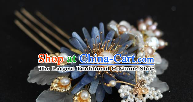 China Traditional Hanfu Hair Accessories Ancient Princess Blue Chrysanthemum Hairpin Ming Dynasty Pearls Hair Comb