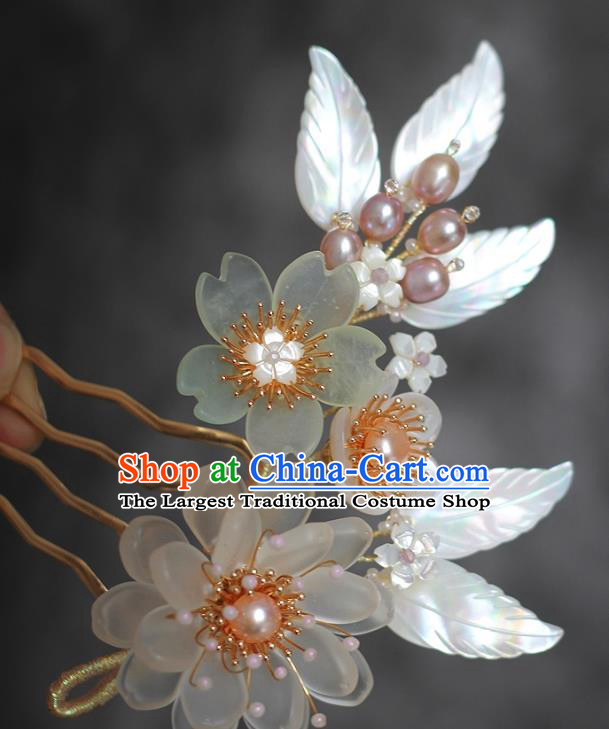 China Song Dynasty Palace Lady Shell Leaf Hair Comb Traditional Hanfu Hair Accessories Ancient Princess Pearls Hairpin