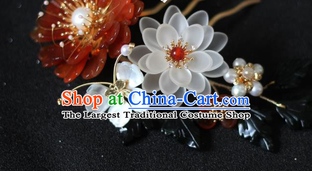China Ancient Princess Agate Chrysanthemum Hairpin Ming Dynasty Lotus Hair Comb Traditional Hanfu Hair Accessories