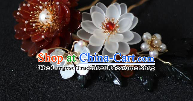 China Ancient Princess Agate Chrysanthemum Hairpin Ming Dynasty Lotus Hair Comb Traditional Hanfu Hair Accessories