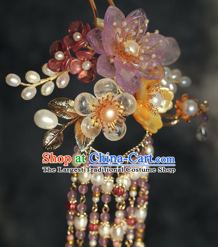 China Ancient Princess Amethyst Flower Hairpin Ming Dynasty Pearls Tassel Hair Stick Traditional Hanfu Headpiece