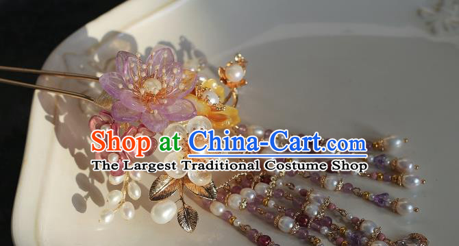 China Ancient Princess Amethyst Flower Hairpin Ming Dynasty Pearls Tassel Hair Stick Traditional Hanfu Headpiece