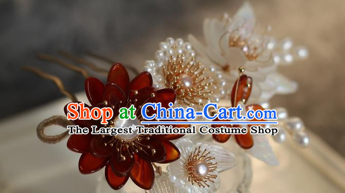 China Ancient Princess Agate Peony Hairpin Song Dynasty Pearls Hair Comb Traditional Hanfu Headwear
