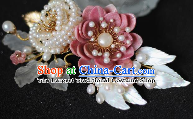 China Traditional Hanfu Headwear Ancient Princess Pearls Hairpin Song Dynasty Pink Peony Hair Comb