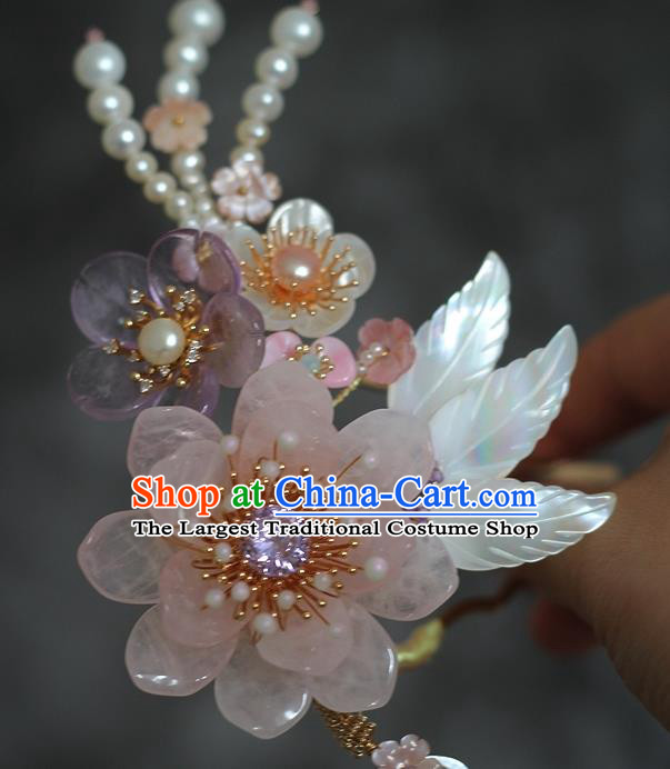 China Ancient Princess Rose Quartz Hairpin Ming Dynasty Palace Lady Shell Hair Comb Traditional Hanfu Hair Accessories