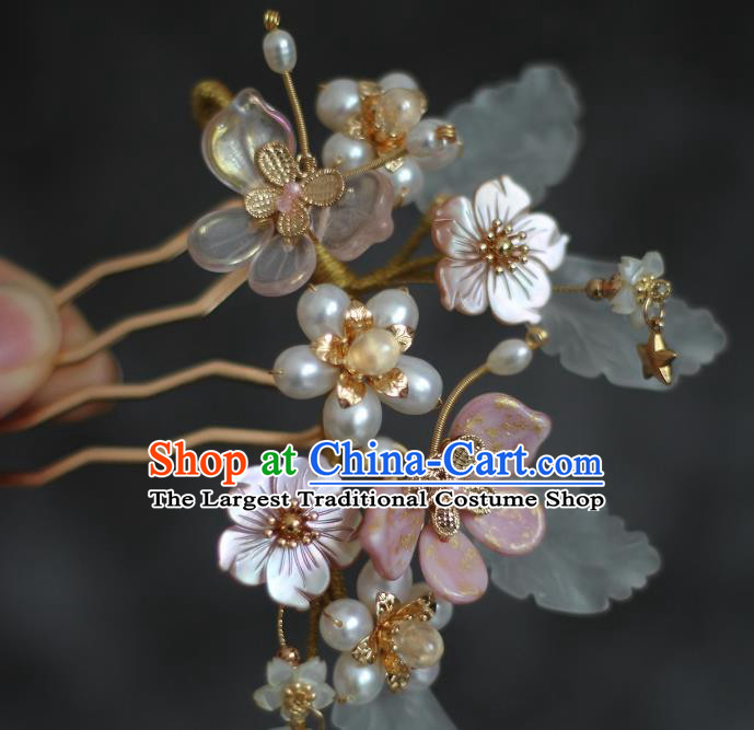 China Ancient Princess Shell Flowers Hairpin Ming Dynasty Young Lady Pearls Hair Comb Traditional Hanfu Headdress