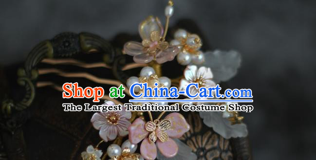 China Ancient Princess Shell Flowers Hairpin Ming Dynasty Young Lady Pearls Hair Comb Traditional Hanfu Headdress