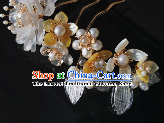China Ancient Palace Lady Pearls Hairpin Ming Dynasty Shell Flowers Hair Comb Traditional Hanfu Hair Accessories