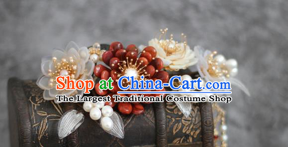 China Ancient Princess Pearls Hairpin Ming Dynasty Young Lady Agate Chrysanthemum Hair Stick Traditional Hanfu Headpiece