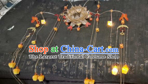 China Cosplay Swordswoman Hair Accessories Ancient Fairy Lanterns Headdress Handmade Traditional Hanfu Golden Lotus Hai Crown