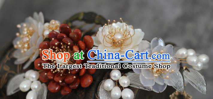 China Ancient Princess Pearls Hairpin Ming Dynasty Young Lady Agate Chrysanthemum Hair Stick Traditional Hanfu Headpiece