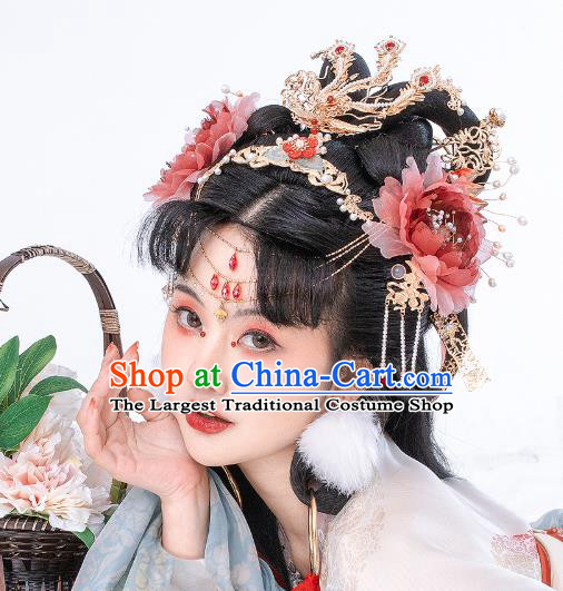 China Tang Dynasty Red Silk Peony Hair Stick Handmade Traditional Hanfu Hair Accessories Ancient Princess Hairpin