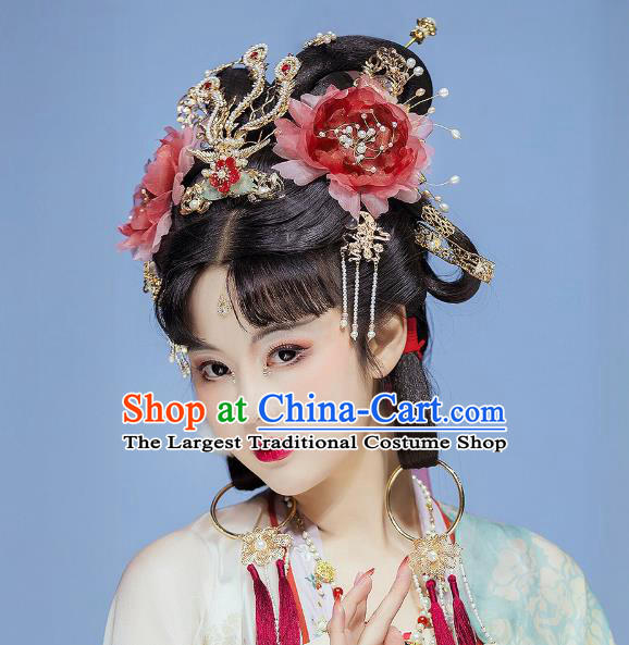 China Tang Dynasty Red Silk Peony Hair Stick Handmade Traditional Hanfu Hair Accessories Ancient Princess Hairpin