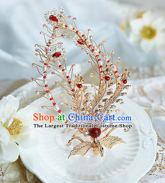 China Ancient Empress Phoenix Hairpin Handmade Ming Dynasty Court Lady Golden Hair Crown Traditional Hanfu Hair Accessories