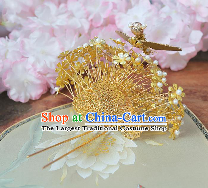 China Handmade Ancient Court Woman Hair Accessories Traditional Ming Dynasty Empress Golden Moth Hair Crown