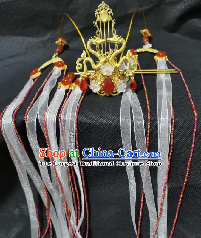 Chinese Traditional Hanfu Ribbon Tassel Headwear Cosplay Swordsman Golden Hair Accessories Ancient Prince Hair Crown