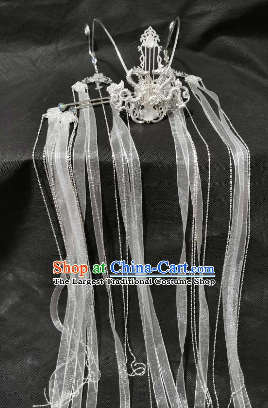 Chinese Ancient Prince Argent Hair Crown Traditional Hanfu Ribbon Tassel Headwear Cosplay Swordsman Chu Wanning Hair Accessories