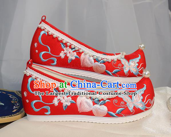 Chinese Wedding Pearls Shoes Traditional Hanfu Shoes Ancient Princess Shoes Ming Dynasty Red Embroidered Shoes