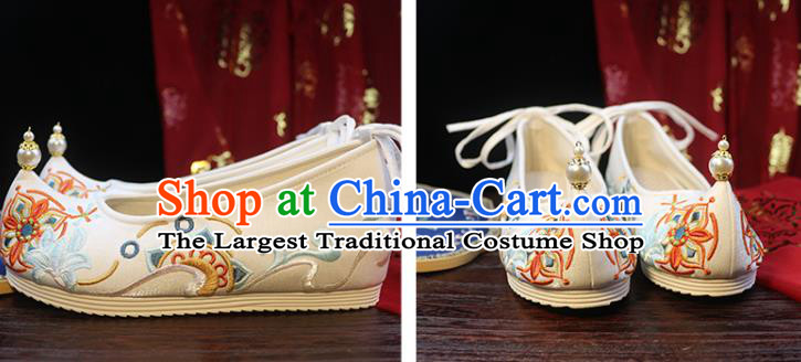 Chinese Traditional Hanfu Shoes Ancient Princess Shoes Ming Dynasty Embroidered Shoes White Cloth Shoes