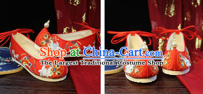 Chinese Wedding Red Cloth Shoes Traditional Hanfu Shoes Ancient Princess Shoes Ming Dynasty Embroidered Shoes