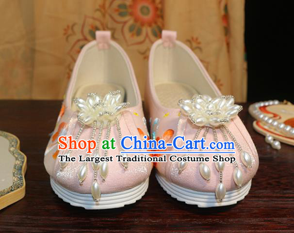 Chinese Pink Cloth Shoes Traditional Ming Dynasty Hanfu Shoes Ancient Princess Shoes Embroidered Lotus Shoes