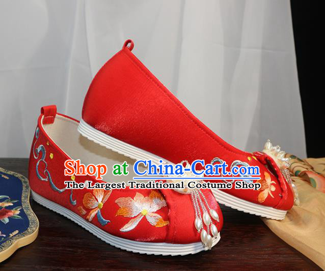 Chinese Embroidered Lotus Shoes Wedding Red Cloth Shoes Traditional Ming Dynasty Hanfu Shoes Ancient Princess Shoes