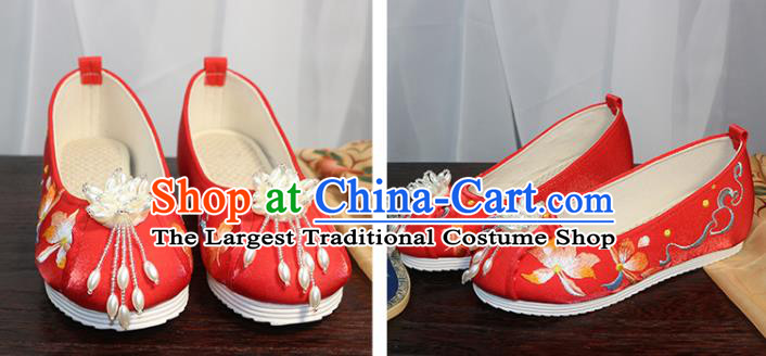 Chinese Embroidered Lotus Shoes Wedding Red Cloth Shoes Traditional Ming Dynasty Hanfu Shoes Ancient Princess Shoes