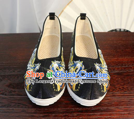 Chinese Black Satin Shoes Traditional Ming Dynasty Hanfu Shoes Ancient Princess Bow Shoes Embroidered Lion Shoes