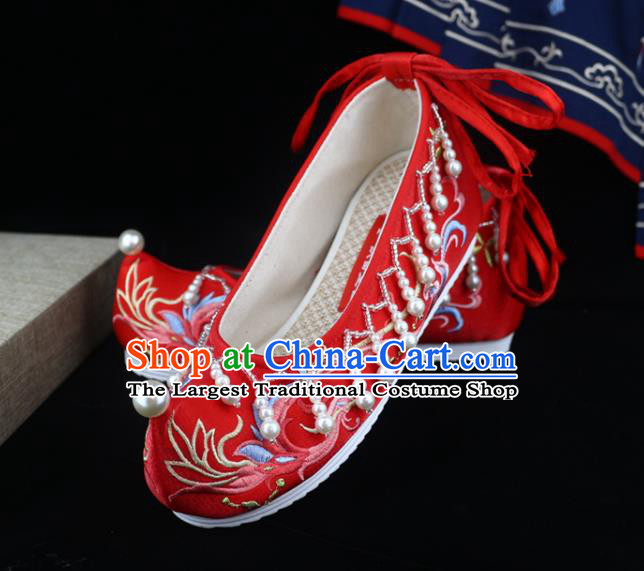 Chinese Wedding Embroidered Shoes Red Satin Shoes Traditional Ming Dynasty Hanfu Shoes Ancient Princess Bow Shoes