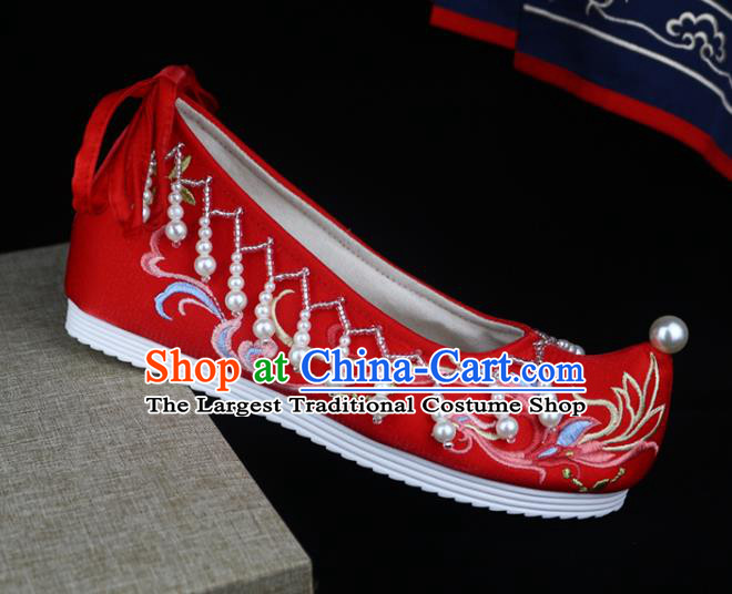 Chinese Wedding Embroidered Shoes Red Satin Shoes Traditional Ming Dynasty Hanfu Shoes Ancient Princess Bow Shoes