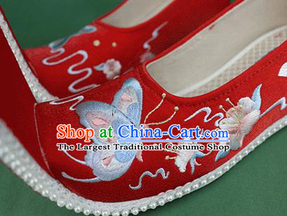 Chinese Ancient Princess Wedding Shoes Embroidered Butterfly Red Cloth Shoes Traditional Zhou Dynasty Hanfu Shoes