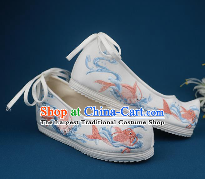 Chinese Handmade White Cloth Shoes Ancient Princess Hanfu Shoes Traditional Ming Dynasty Embroidered Carps Shoes
