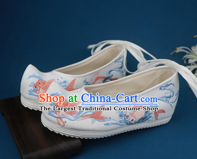 Chinese Handmade White Cloth Shoes Ancient Princess Hanfu Shoes Traditional Ming Dynasty Embroidered Carps Shoes