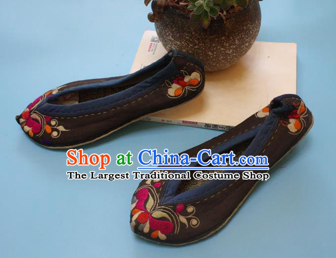 Chinese Folk Dance Brown Shoes Traditional Yi Nationality Embroidered Butterfly Shoes Handmade Strong Cloth Soles Shoes