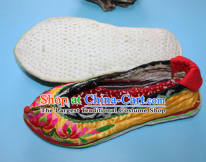 Chinese Handmade Yunnan Ethnic Yellow Satin Shoes Traditional Embroidered Shoes Yi Nationality Female Shoes