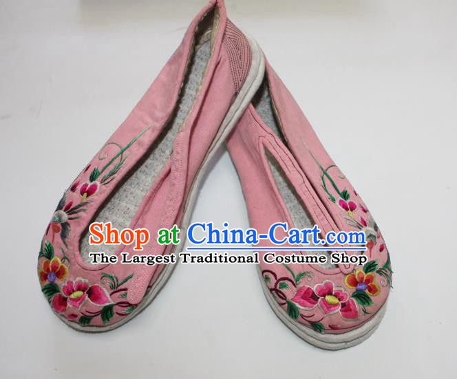 Chinese Traditional Pink Embroidered Shoes Handmade Strong Cloth Soles Shoes Folk Dance Shoes